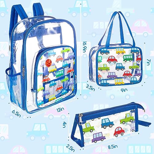 Eccliy Clear Backpack Stadium Approved Backpack 3 School Backpack for Girls Boys Christmas Clear Backpack Girls Boys Backpack (Blue, Car)