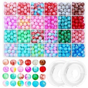 audab 600pcs 8mm glass beads for jewelry making and bracelet making, 24 colors marble beads crystal pattern beads stone beads round gemstone beads for jewelry making