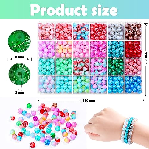 Audab 600pcs 8mm Glass Beads for Jewelry Making and Bracelet Making, 24 Colors Marble Beads Crystal Pattern Beads Stone Beads Round Gemstone Beads for Jewelry Making