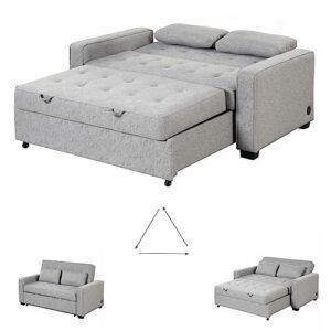 gynsseh pull out sofa sleeper, 3 in 1 convertible sleeper bed with dual usb ports and 2 pillows, linen upholstered adjustable loveseat couch for living room (light gray),full size