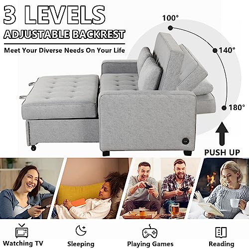 Gynsseh Pull Out Sofa Sleeper, 3 in 1 Convertible Sleeper Bed with Dual USB Ports and 2 Pillows, Linen Upholstered Adjustable Loveseat Couch for Living Room (Light Gray),Full Size