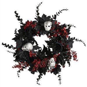 halloween wreath for front door - 18inch eucalyptus wreaths with flower skull and maple leaves for indoor outdoor wall window porch patio garden farmhouse home party prom decoration