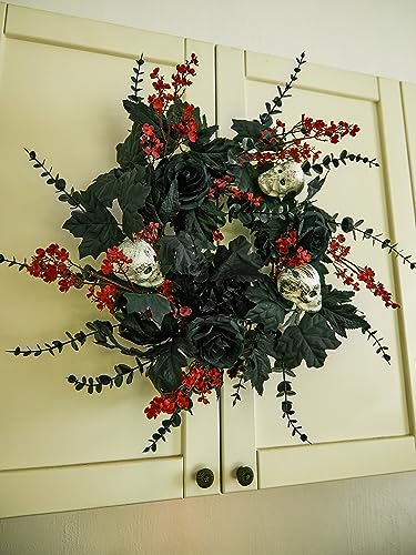 Halloween Wreath for Front Door - 18inch Eucalyptus Wreaths with Flower Skull and Maple Leaves for Indoor Outdoor Wall Window Porch Patio Garden Farmhouse Home Party Prom Decoration