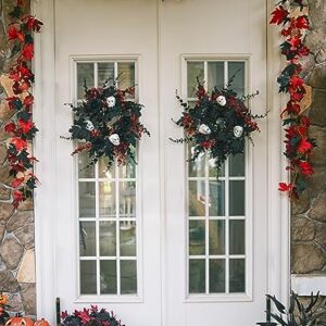 Halloween Wreath for Front Door - 18inch Eucalyptus Wreaths with Flower Skull and Maple Leaves for Indoor Outdoor Wall Window Porch Patio Garden Farmhouse Home Party Prom Decoration