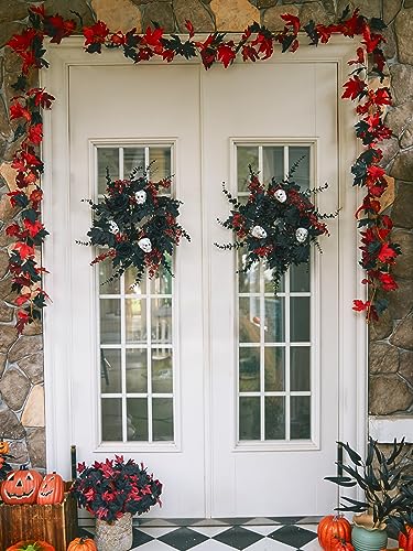 Halloween Wreath for Front Door - 18inch Eucalyptus Wreaths with Flower Skull and Maple Leaves for Indoor Outdoor Wall Window Porch Patio Garden Farmhouse Home Party Prom Decoration