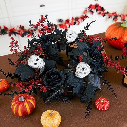 Halloween Wreath for Front Door - 18inch Eucalyptus Wreaths with Flower Skull and Maple Leaves for Indoor Outdoor Wall Window Porch Patio Garden Farmhouse Home Party Prom Decoration