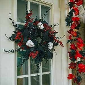 Halloween Wreath for Front Door - 18inch Eucalyptus Wreaths with Flower Skull and Maple Leaves for Indoor Outdoor Wall Window Porch Patio Garden Farmhouse Home Party Prom Decoration