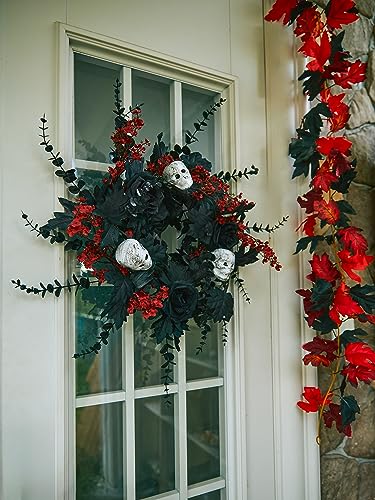 Halloween Wreath for Front Door - 18inch Eucalyptus Wreaths with Flower Skull and Maple Leaves for Indoor Outdoor Wall Window Porch Patio Garden Farmhouse Home Party Prom Decoration