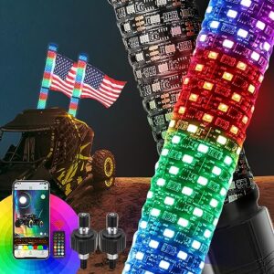 co light fat spiral led whip lights thick antenna 2ft remote control rgb chasing/dancing light for utv atv 2pcs, app-supported 300 colors & 200 modes with turn signal, brake light, reversing light