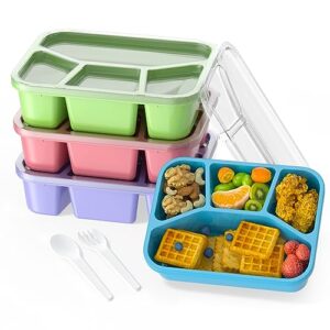 RGNEIN Bento Lunch Box and Snack Containers - 4 Compartments, Durable and Safe Lunch Containers for Adults Kids with Transparent Lid, Microwave Safe, BPA free - Set of 4 (PP (Green/Blue/Pink/Beige))