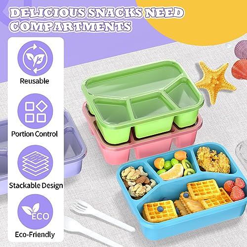 RGNEIN Bento Lunch Box and Snack Containers - 4 Compartments, Durable and Safe Lunch Containers for Adults Kids with Transparent Lid, Microwave Safe, BPA free - Set of 4 (PP (Green/Blue/Pink/Beige))