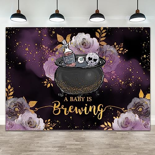 Wollmix Halloween A Baby is Brewing Baby Shower Decorations Backdrop Witch Drink Up Magic Kids Purple Floral Gold Dots Photography Background Party Supplies Banner Photo Studio Booth Props 7x5ft