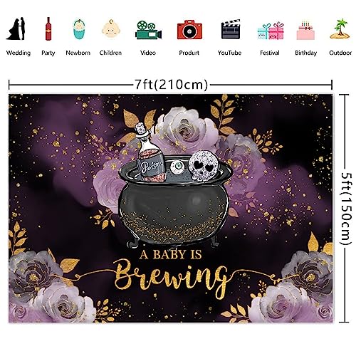 Wollmix Halloween A Baby is Brewing Baby Shower Decorations Backdrop Witch Drink Up Magic Kids Purple Floral Gold Dots Photography Background Party Supplies Banner Photo Studio Booth Props 7x5ft