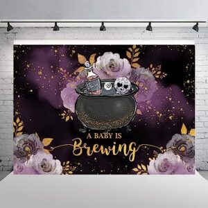 Wollmix Halloween A Baby is Brewing Baby Shower Decorations Backdrop Witch Drink Up Magic Kids Purple Floral Gold Dots Photography Background Party Supplies Banner Photo Studio Booth Props 7x5ft