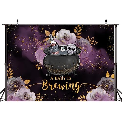 Wollmix Halloween A Baby is Brewing Baby Shower Decorations Backdrop Witch Drink Up Magic Kids Purple Floral Gold Dots Photography Background Party Supplies Banner Photo Studio Booth Props 7x5ft