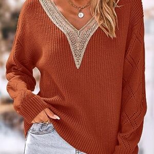 KIRUNDO Women’s 2023 Fall Casual Crochet Long Sleeve Lace V Neck Ribbed Knit Pullover Sweater Tops Rust Red