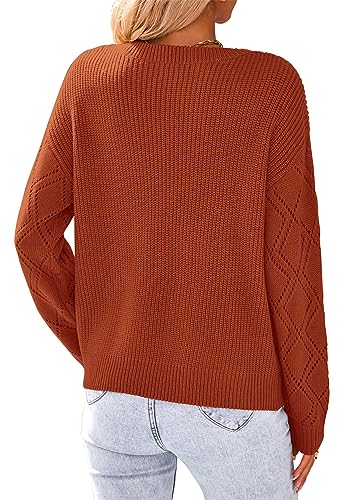 KIRUNDO Women’s 2023 Fall Casual Crochet Long Sleeve Lace V Neck Ribbed Knit Pullover Sweater Tops Rust Red