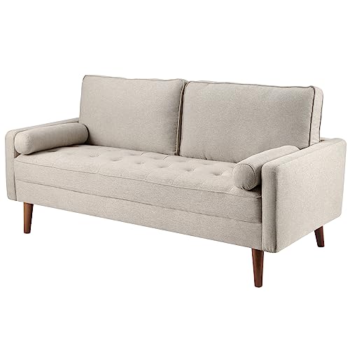 Koorlian Small Sofa Couch, 2 Seater Fabric Loveseat, Mid Century Modern Couches for Living Room, Button Tufted Seat Cushion, Square Armrest, 2 Throw Pillows, Fit for Small Spaces, Dorm, Apart, Beige