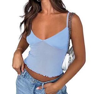 REORIA Women's Summer Sexy V Neck Sleeveless Adjustable Spaghetti Strap Sheer Mesh See Through Going Out Trendy Cami Camisole Y2k Crop Tops Sky Blue X-Small