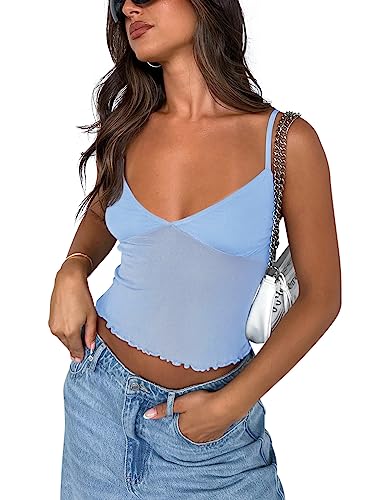 REORIA Women's Summer Sexy V Neck Sleeveless Adjustable Spaghetti Strap Sheer Mesh See Through Going Out Trendy Cami Camisole Y2k Crop Tops Sky Blue X-Small