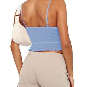 REORIA Women's Summer Sexy V Neck Sleeveless Adjustable Spaghetti Strap Sheer Mesh See Through Going Out Trendy Cami Camisole Y2k Crop Tops Sky Blue X-Small