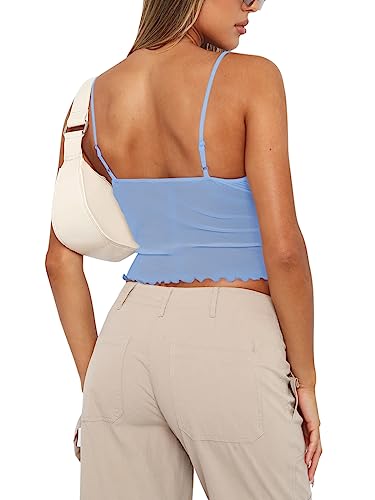 REORIA Women's Summer Sexy V Neck Sleeveless Adjustable Spaghetti Strap Sheer Mesh See Through Going Out Trendy Cami Camisole Y2k Crop Tops Sky Blue X-Small