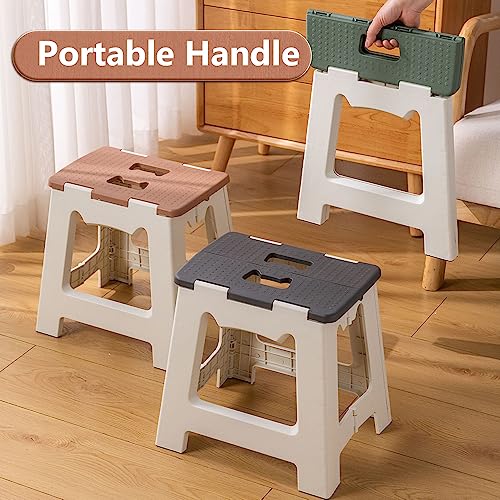 M Crumt 13'' Folding Step Stool for Adults and Kids Hold Up to 300 LB Non-Slip Folding Stools with Portable Handle Compact Collapsible Lightweight Foldable Step Stools for Kitchen, Bathroom(Khaki)