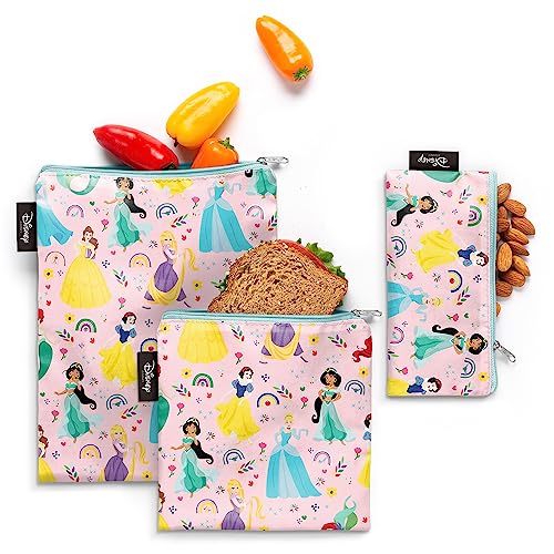 Simple Modern Disney Reusable Snack Bags for Kids | Food Safe, BPA Free, Phthalate Free, Polyester Zip Pouches | Washable & Refillable Sandwich Bag | Ellie Collection | 3 pack | Princess Rainbow