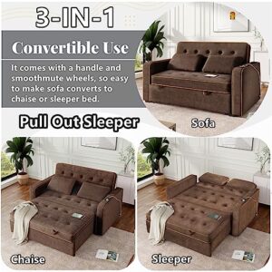Gynsseh Convertible Sleeper Sofa Bed, 3 in 1 Pull Out Sofa Sleeper with Dual USB Ports and 2 Pillows, Velvet Upholstered Sleeper Loveseat Couch with Pull Out Bed, Full Size, S1-V-Brown