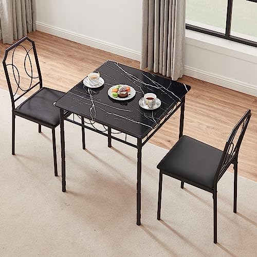 VECELO 3 Pieces Sets,43.3" Table&Chairs for 2,Industrial Counter Height Tabletop with Bar Stools, Rectangle Breakfast Table and Chairs for Dining, Living Room, Apartment, Black