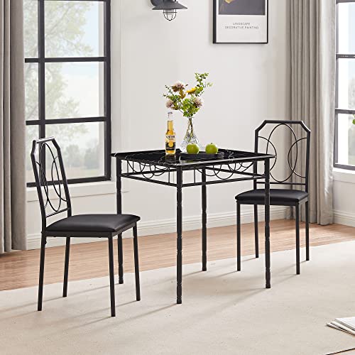 VECELO 3 Pieces Sets,43.3" Table&Chairs for 2,Industrial Counter Height Tabletop with Bar Stools, Rectangle Breakfast Table and Chairs for Dining, Living Room, Apartment, Black