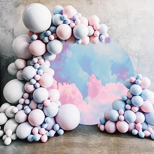 AWERT Polyester Diameter 7ft Colorful Clouds Round Backdrop Pastel Rainbow Pink Clouds Blue Sky Watercolor Background for Photography Anniversary Wedding Baby Shower Birthday Party Photo Studio Props