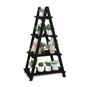 babion 4-tier ladder shelf, bookshelf for small spaces, wooden ladder bookcase, storage rack, plant stand floor freestanding, flowerpot storage shelf (black)