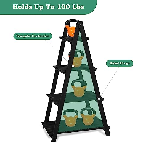 Babion 4-Tier Ladder Shelf, Bookshelf for Small Spaces, Wooden Ladder Bookcase, Storage Rack, Plant Stand Floor Freestanding, Flowerpot Storage Shelf (Black)
