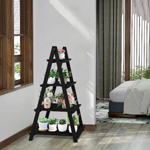 Babion 4-Tier Ladder Shelf, Bookshelf for Small Spaces, Wooden Ladder Bookcase, Storage Rack, Plant Stand Floor Freestanding, Flowerpot Storage Shelf (Black)