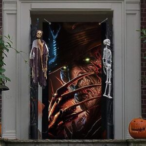 Scary Halloween Door Banner, Classic Horror Movie Character Banner Scary Killer Halloween Door Decorations Cover Backdrop for Halloween Birthday Party Decor Front Door Banner Photo Booth Props