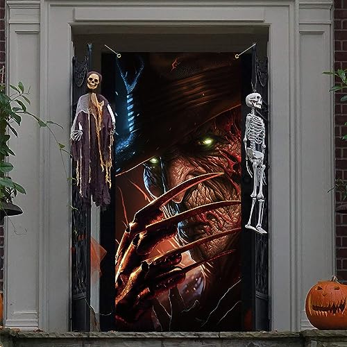 Scary Halloween Door Banner, Classic Horror Movie Character Banner Scary Killer Halloween Door Decorations Cover Backdrop for Halloween Birthday Party Decor Front Door Banner Photo Booth Props