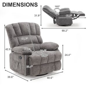 dreamsir oversized rocker recliner chair for adults, ergonomic glider 360 degree swivel chair, overstuffed manual rocking recliner for living room, theater seating single sofa chair, grey