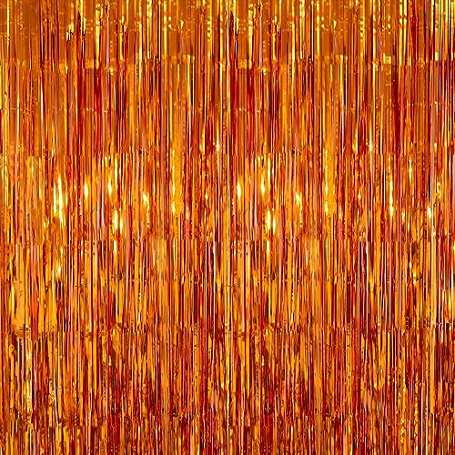 2 Pack 3.2x8.2ft Tinsel Foil Fringe Curtains, Streamers Backdrop Curtains with Adhesive, Photo Booth Background - Home Wall Window Decorations for Birthday, Wedding Party Decor, Orange