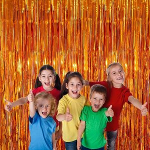 2 Pack 3.2x8.2ft Tinsel Foil Fringe Curtains, Streamers Backdrop Curtains with Adhesive, Photo Booth Background - Home Wall Window Decorations for Birthday, Wedding Party Decor, Orange