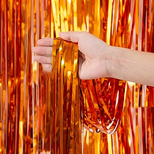 2 Pack 3.2x8.2ft Tinsel Foil Fringe Curtains, Streamers Backdrop Curtains with Adhesive, Photo Booth Background - Home Wall Window Decorations for Birthday, Wedding Party Decor, Orange