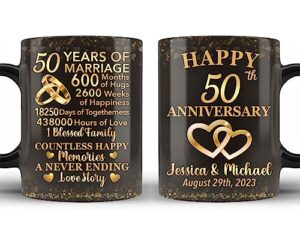 50 years of marriage gift personalized coffee mug happy 50th anniversary travel cups wedding celebration for couple husband wife mom dad birthday valentines floral ceramic drinking tea cup 15oz 11oz