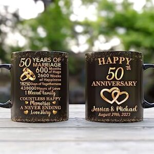 50 Years of Marriage Gift Personalized Coffee Mug Happy 50th Anniversary Travel Cups Wedding Celebration for Couple Husband Wife Mom Dad Birthday Valentines Floral Ceramic Drinking Tea Cup 15oz 11oz