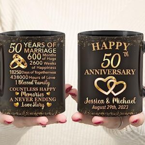 50 Years of Marriage Gift Personalized Coffee Mug Happy 50th Anniversary Travel Cups Wedding Celebration for Couple Husband Wife Mom Dad Birthday Valentines Floral Ceramic Drinking Tea Cup 15oz 11oz