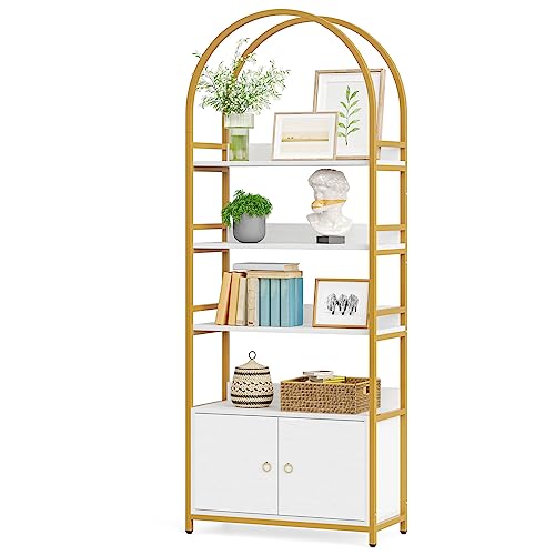 LITTLE TREE 75.9 Inch Arched Bookshelf Etagere Bookcase with Cabinet Door for Living Room