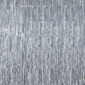 4 pack 3.2x8.2ft tinsel foil fringe curtains, streamers backdrop curtains with adhesive, photo booth background - home wall window decorations for birthday, wedding party decor, silver