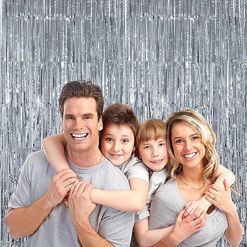 4 Pack 3.2x8.2ft Tinsel Foil Fringe Curtains, Streamers Backdrop Curtains with Adhesive, Photo Booth Background - Home Wall Window Decorations for Birthday, Wedding Party Decor, Silver
