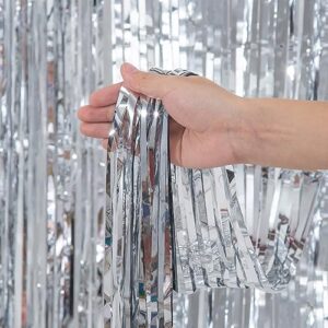 4 Pack 3.2x8.2ft Tinsel Foil Fringe Curtains, Streamers Backdrop Curtains with Adhesive, Photo Booth Background - Home Wall Window Decorations for Birthday, Wedding Party Decor, Silver