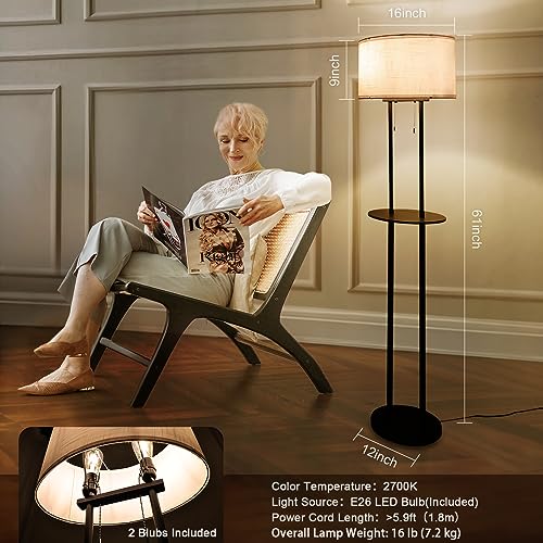 ArtCredit Modern LED Floor Lamp for Living Room, Bedroom and Home Office - 16 lb Weight Black Tall Standing Lamp with White Fabric Shade - Includes 2 LED Edison Bulbs - E26 Base - Simple Sleek Design