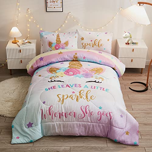 Cokouchyi Full Size Comforter Set for Girls, 5-Piece Bed in a Bag, 3D Colorful Unicorn Bedding Comforter Sheet Set, Ultra Soft and Fluffly, Pink & Rainbow Color